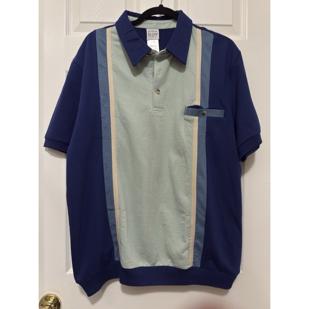 John Blair Polo Shirt L‎ B04735 Dark/Light Blue Vertical Stripe Sea Foam Green